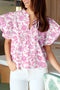 Baroque Floral Flutter Sleeve Split Neck Tie Detail Blouse